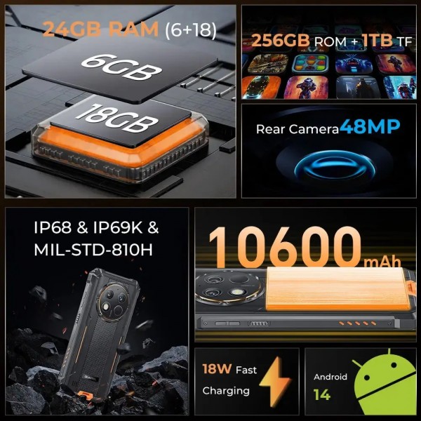 OUKITEL smartphone G1, 6.52", 6/256GB, 10600mAh, IP68/IP69K/MIL-STD-810H, μαύρο - OUKITEL