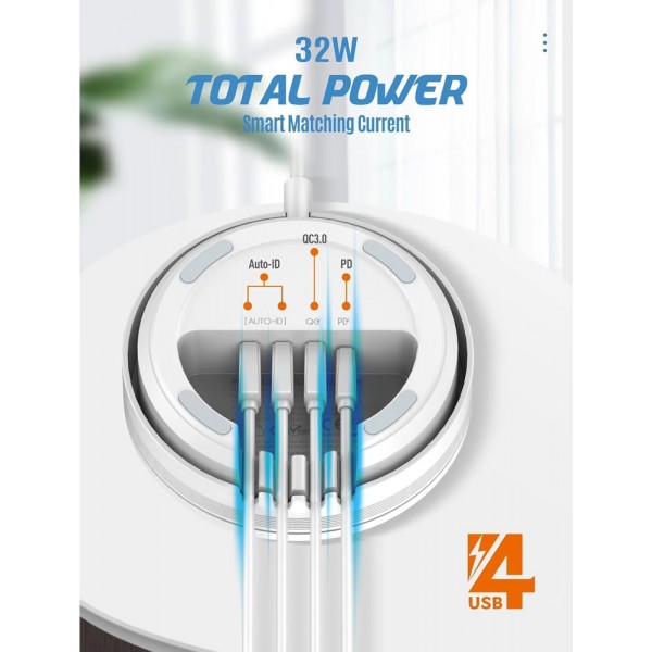 LDNIO σταθμός φόρτισης AW003, USB-C/3x USB/wireless, 32W, PD/QC, λευκός - Mobile