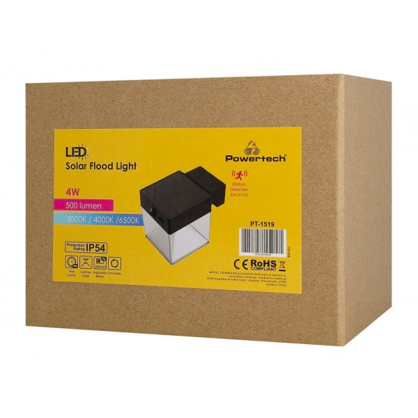 POWERTECH LED ηλιακό φωτιστικό PT-1519 με αισθητήρα κίνησης, 4W, 2000mAh, μαύρο
