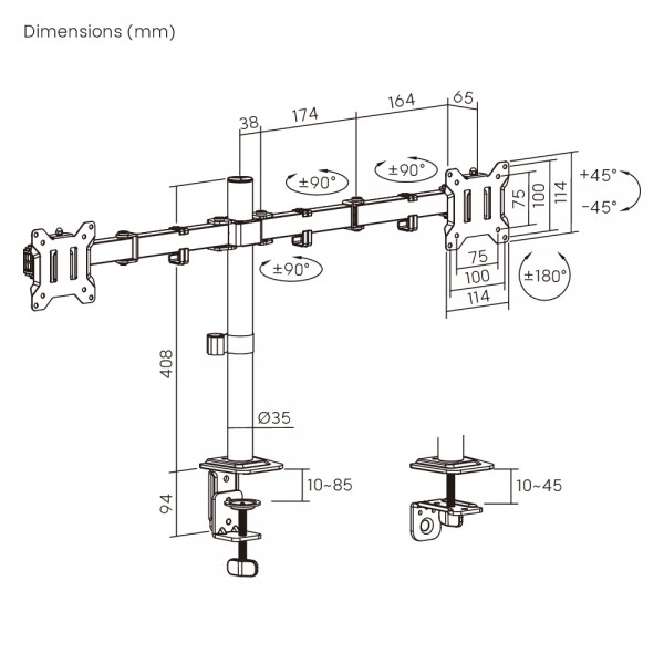 POWERTECH βάση γραφείου για 2x οθόνες PT-1552, 17-32", έως 10kg