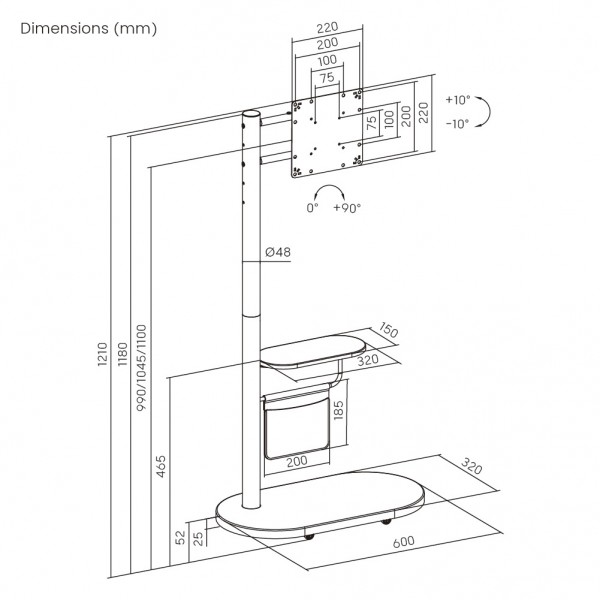 BRATECK βάση τηλεόρασης δαπέδου FS54-22T-02W, 17-43", έως 15kg, με ράφι & ροδάκια, μαύρη