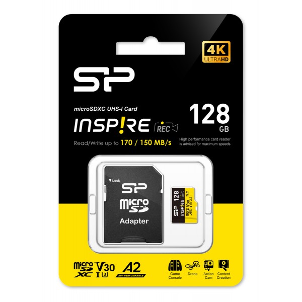 SILICON POWER κάρτα μνήμης microSDXC Inspire, 128GB, UHS-I U3 A1 V30 - Κάρτες Μνήμης