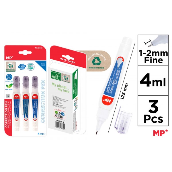 MP σετ διορθωτικό στυλό PA138-3C, 1-2mm, 4ml, 3τμχ - Γραφική Ύλη