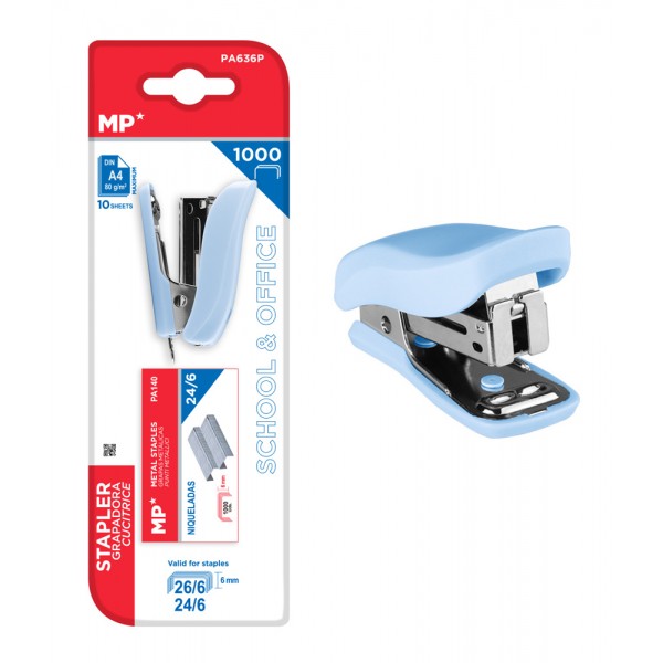 MP mini συρραπτικό PA636P με ανταλλακτικά, 24/6 - 26/6, 10 φύλλα, μπλε - 