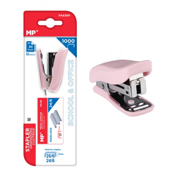 MP mini συρραπτικό PA636P με ανταλλακτικά, 24/6 - 26/6, 10 φύλλα, ροζ - Αναλώσιμα - Είδη Γραφείου