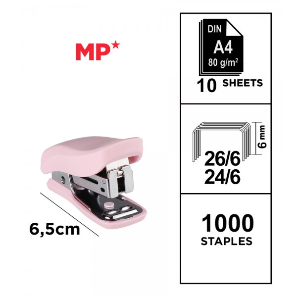 MP mini συρραπτικό PA636P με ανταλλακτικά, 24/6 - 26/6, 10 φύλλα, ροζ - Αναλώσιμα - Είδη Γραφείου