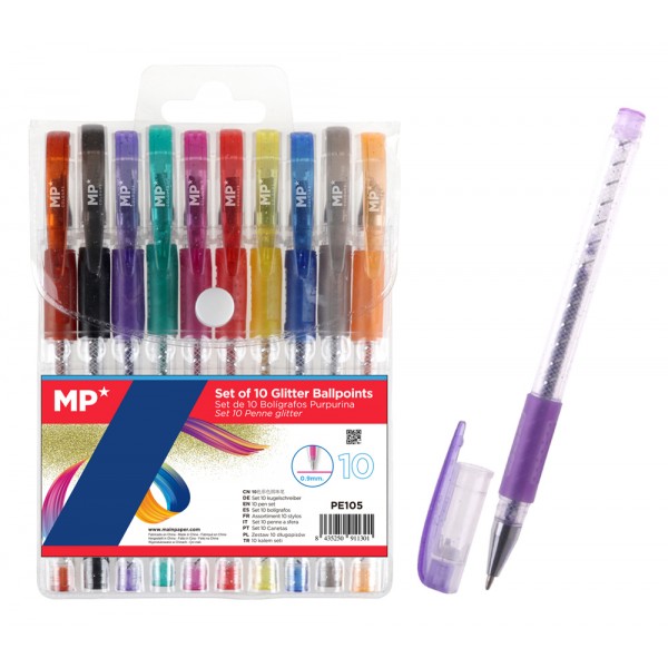 MP σετ στυλό διαρκείας ballpoint PE105 με glitter, 0.9mm, διάφορα χρώματα, 10τμχ - Αναλώσιμα - Είδη Γραφείου