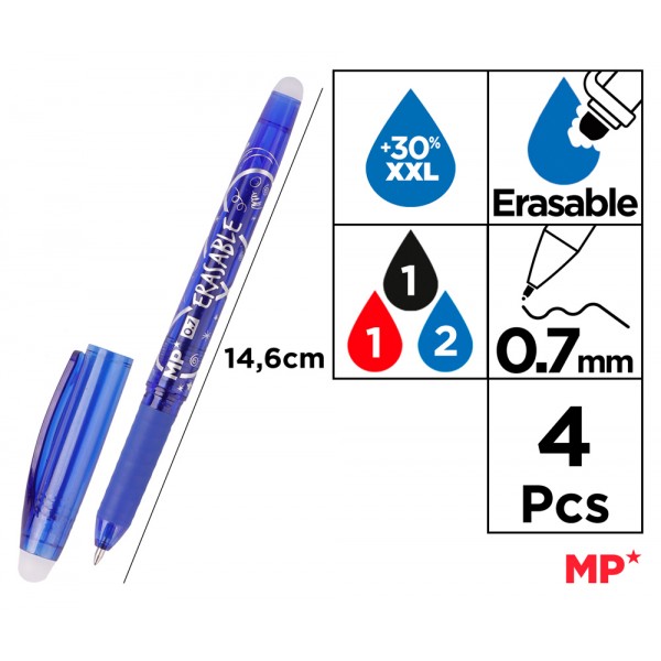 MP σετ στυλό διαρκείας PE217-4, erasable, 0.7mm, διάφορα χρώματα, 4τμχ