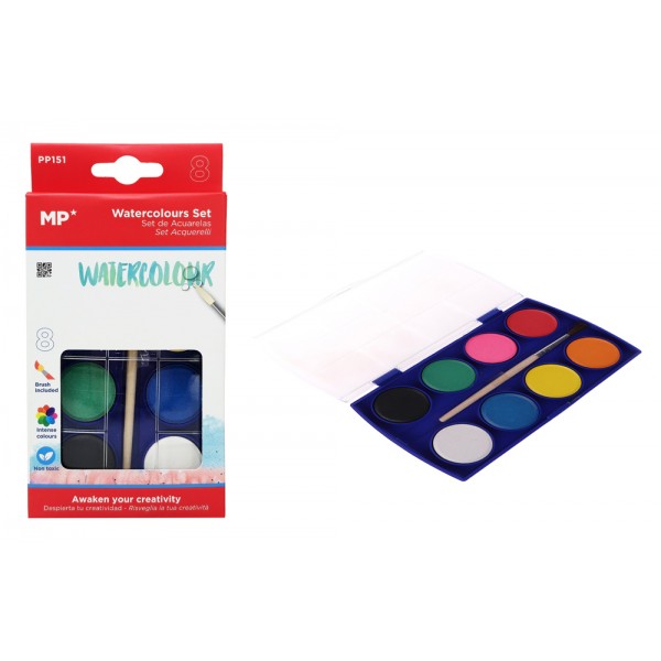 MP σετ νερομπογιές PP151 με πινέλο & κασετίνα, 8 χρώματα - Γραφική Ύλη