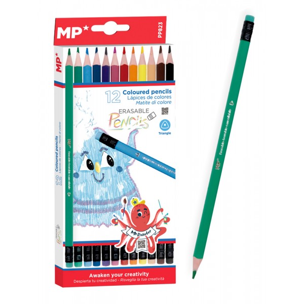 MP χρωματιστές ξυλομπογιές PP823 με γόμα, τρίγωνες, 12τμχ - Γραφική Ύλη