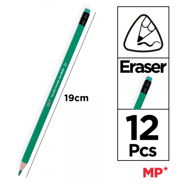 MP χρωματιστές ξυλομπογιές PP823 με γόμα, τρίγωνες, 12τμχ - Γραφική Ύλη