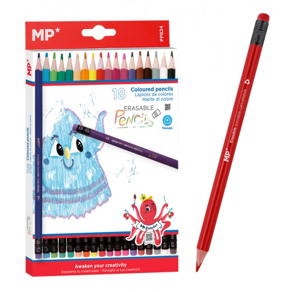 MP χρωματιστές ξυλομπογιές PP824 με γόμα, τρίγωνες, 18τμχ - Γραφική Ύλη