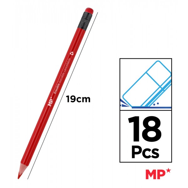 MP χρωματιστές ξυλομπογιές PP824 με γόμα, τρίγωνες, 18τμχ - Γραφική Ύλη