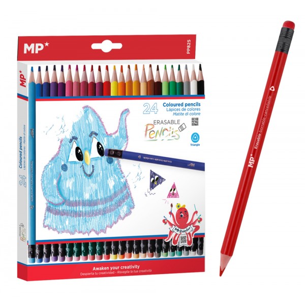 MP χρωματιστές ξυλομπογιές PP825 με γόμα, τρίγωνες, 24τμχ - Γραφική Ύλη