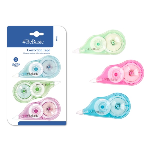 BEBASIC σετ διορθωτική ταινία S063, 5mm x 12m, μπλε/πράσινη/ροζ, 3τμχ - Γραφική Ύλη