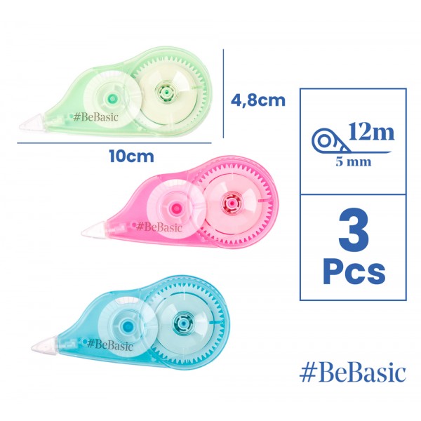 BEBASIC σετ διορθωτική ταινία S063, 5mm x 12m, μπλε/πράσινη/ροζ, 3τμχ - Γραφική Ύλη