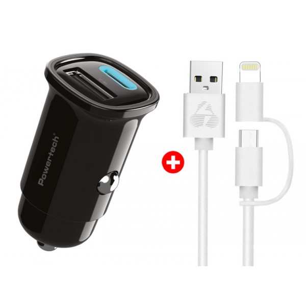 POWERTECH φορτιστής αυτοκινήτου με καλώδιο MFi USB σε micro USB/Lightning BNDL-0206, USB & USB-C, 30W, μαύρο/λευκό - Mobile