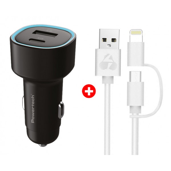 POWERTECH φορτιστής αυτοκινήτου με καλώδιο MFi USB σε micro USB/Lightning BNDL-0207, USB & USB-C, 85W, μαύρο/λευκό - Mobile