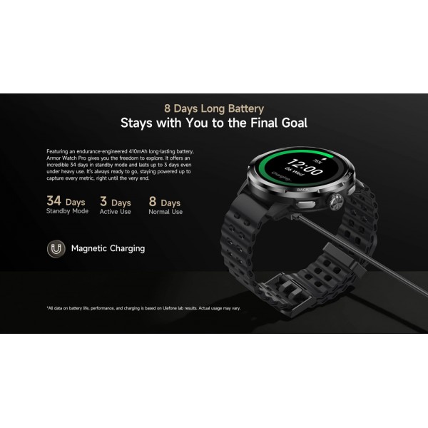 ULEFONE smartwatch Armor Watch Pro, 2x λουράκια, heart rate, 1.50" AMOLED, GPS, 5 ΑΤΜ/IP68/IP69K/MIL-STD-810H, μαύρο