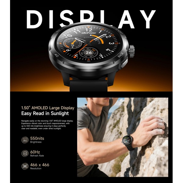 ULEFONE smartwatch Armor Watch Pro, 2x λουράκια, heart rate, 1.50" AMOLED, GPS, 5 ΑΤΜ/IP68/IP69K/MIL-STD-810H, μαύρο
