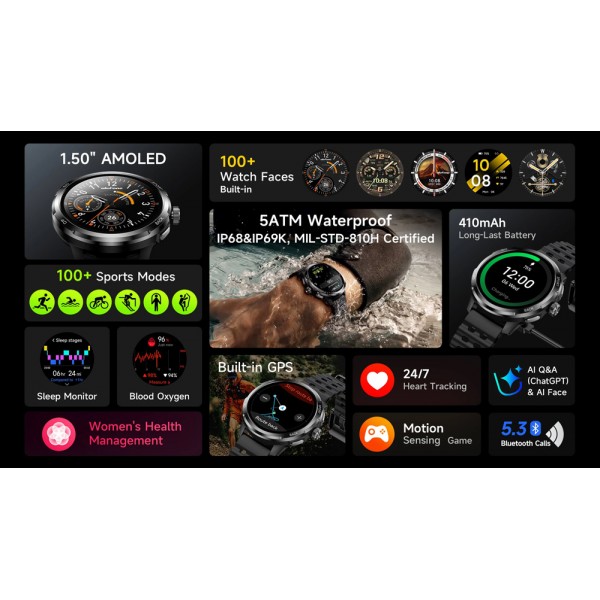ULEFONE smartwatch Armor Watch Pro, 2x λουράκια, heart rate, 1.50" AMOLED, GPS, 5 ΑΤΜ/IP68/IP69K/MIL-STD-810H, μαύρο