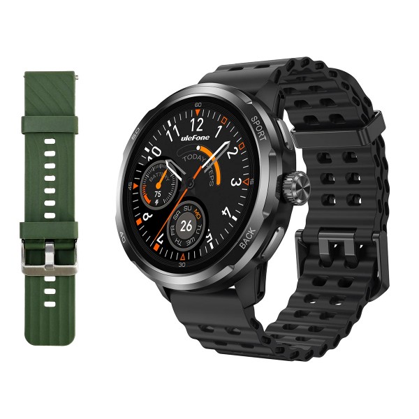 ULEFONE smartwatch Armor Watch Pro, 2x λουράκια, heart rate, 1.50" AMOLED, GPS, 5 ΑΤΜ/IP68/IP69K/MIL-STD-810H, μαύρο - ULEFONE