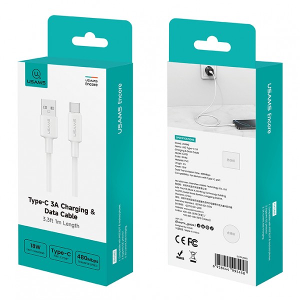 USAMS καλώδιο USB-C σε USB SJ761, 3A 18W, 480Mbps, 1m, λευκό