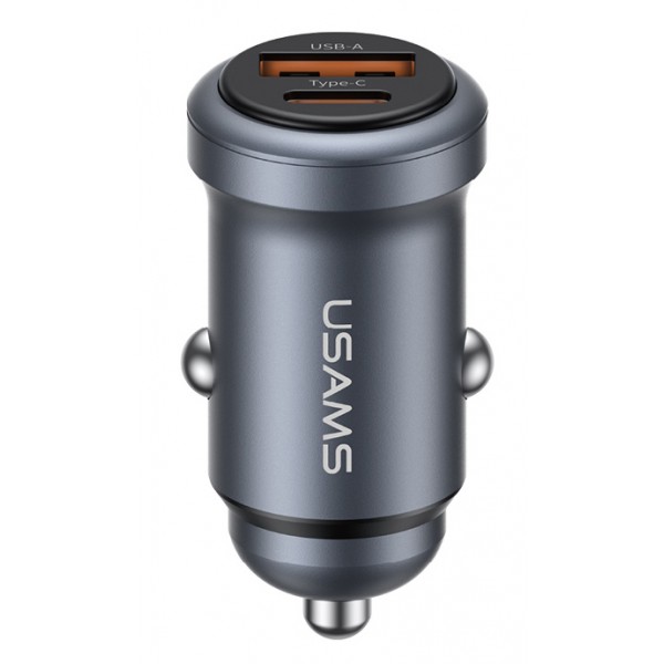USAMS φορτιστής αυτοκινήτου CC322, USB & USB-C, 30W, γκρι - Mobile