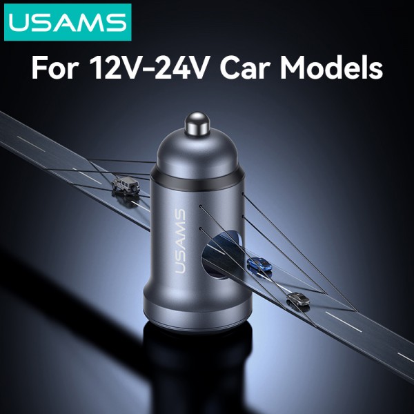 USAMS φορτιστής αυτοκινήτου CC322, USB & USB-C, 30W, γκρι