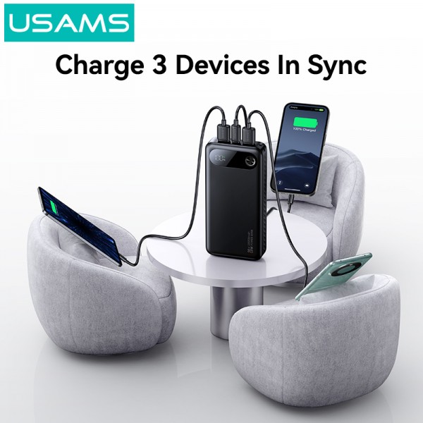 USAMS power bank CD251 με οθόνη, 3x θύρες εξόδου, 20000mAh, PD20W, λευκό