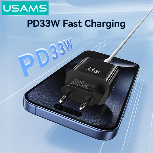 USAMS φορτιστής τοίχου CC317, USB & USB-C, 33W, GaN, μαύρος - Φορτιστές Κινητών