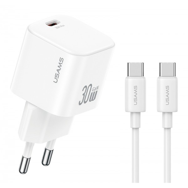 USAMS φορτιστής τοίχου CC262 με καλώδιο USB-C, 30W, GaN, λευκός - Φορτιστές Κινητών