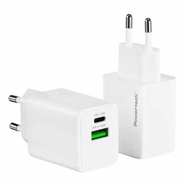 POWERTECH φορτιστής τοίχου PT-1551, USB/USB-C, 45W, GaN, AVS, λευκός - Φορτιστές Κινητών