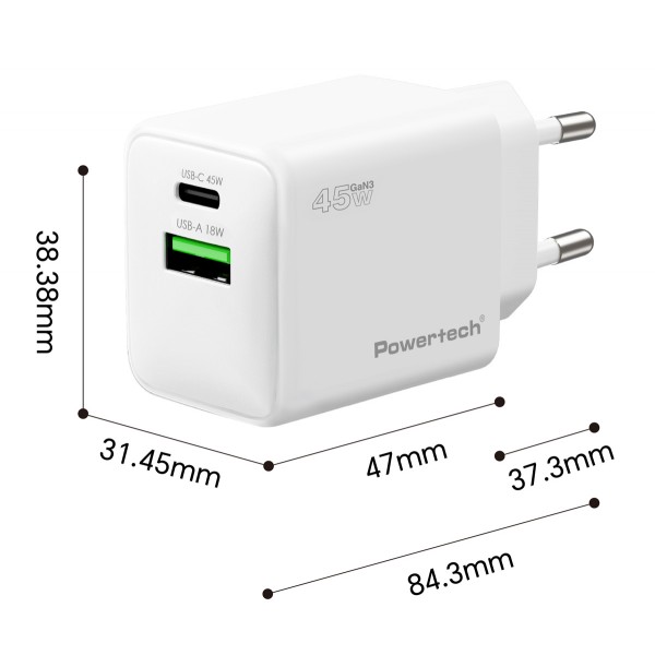 POWERTECH φορτιστής τοίχου PT-1551, USB/USB-C, 45W, GaN, AVS, λευκός