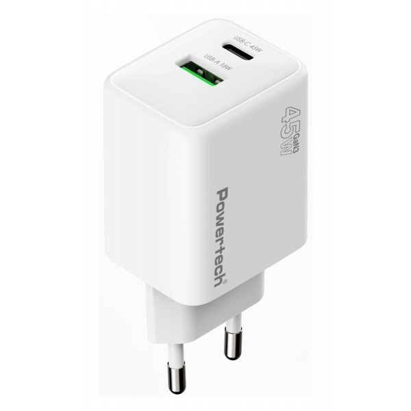 POWERTECH φορτιστής τοίχου PT-1551, USB/USB-C, 45W, GaN, AVS, λευκός - Φορτιστές Κινητών