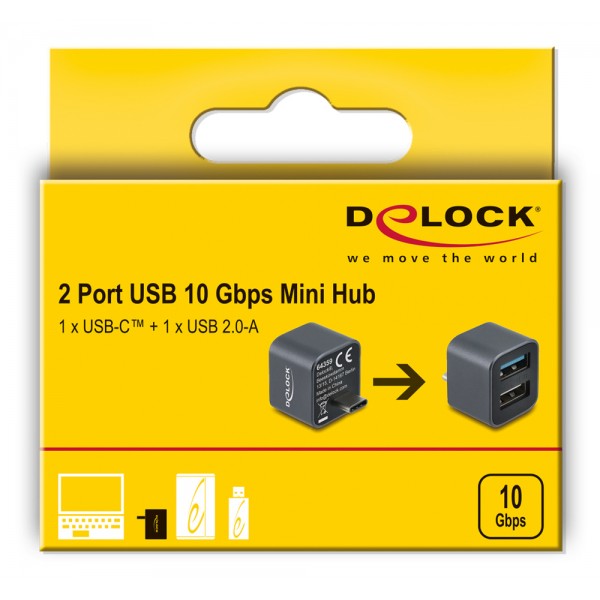DELOCK mini USB hub 64359, 2x θυρών, USB 3.2, 10Gbps, USB-C σύνδεση, γκρι