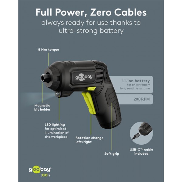 GOOBAY 4 σε 1 κατσαβίδι μπαταρίας με μύτες & εξαρτήματα 77817, LED φακός, 1500mAh