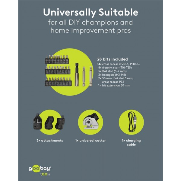 GOOBAY 4 σε 1 κατσαβίδι μπαταρίας με μύτες & εξαρτήματα 77817, LED φακός, 1500mAh