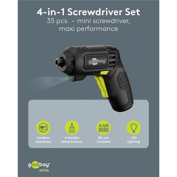 GOOBAY 4 σε 1 κατσαβίδι μπαταρίας με μύτες & εξαρτήματα 77817, LED φακός, 1500mAh