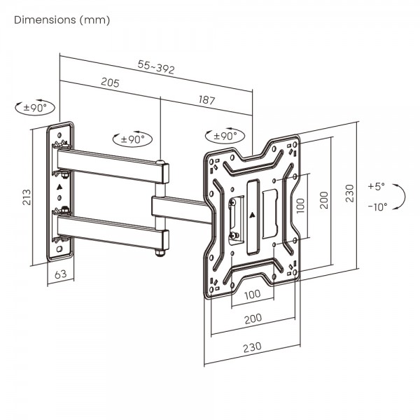 POWERTECH επιτοίχια βάση τηλεόρασης PT-1556, 23-43", έως 30kg, full motion