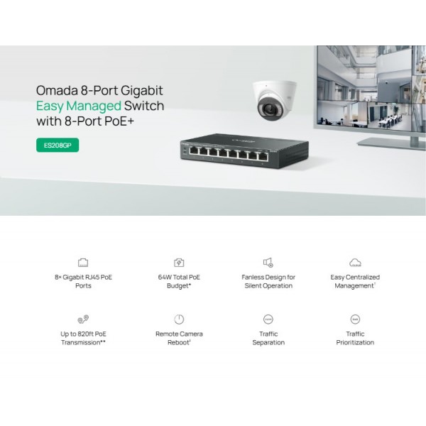 TP-LINK easy managed switch ES208GP, 8x Gigabit θύρες, PoE+, V1.0 - Περιφερειακά