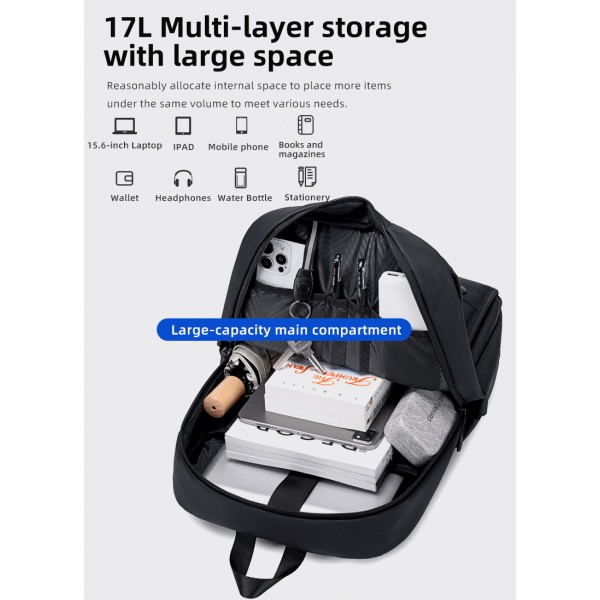 GOLDEN WOLF τσάντα πλάτης GB00705 με θήκη laptop 15.6", 17L, μαύρη