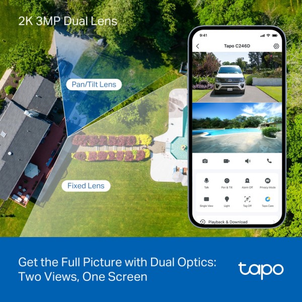 TP-LINK smart κάμερα Tapo C246D, dual lens, 2K/3MP, WiFi, PTZ, IP65, V1.0