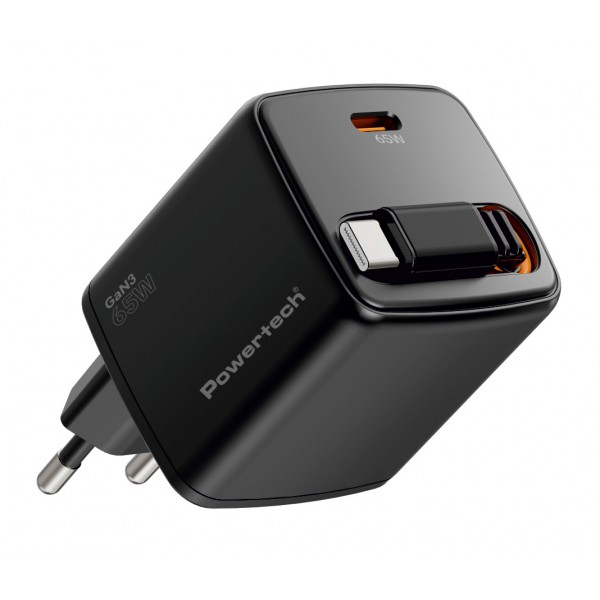 POWERTECH φορτιστής τοίχου PT-1573 με πτυσσόμενο καλώδιο, USB-C, 65W, GaN, μαύρος - Φορτιστές Κινητών