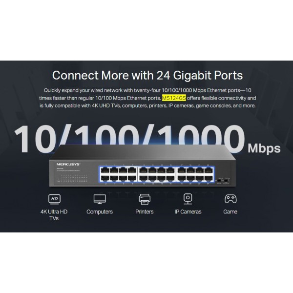 MERCUSYS desktop/rackmount switch MS124GS, 24x Gigabit θύρες, V1.0 - Δικτυακά