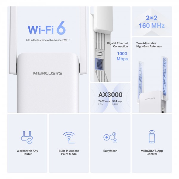 MERCUSYS range extender ME80X, WiFi 6, 3000Mbps AX3000, V1.0