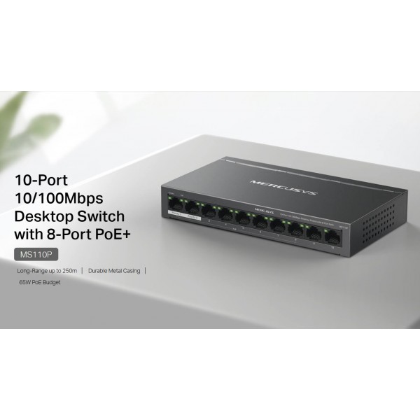MERCUSYS desktop switch MS110P, 10x 10/100Mbps θύρες, PoE+, V1.0 - MERCUSYS