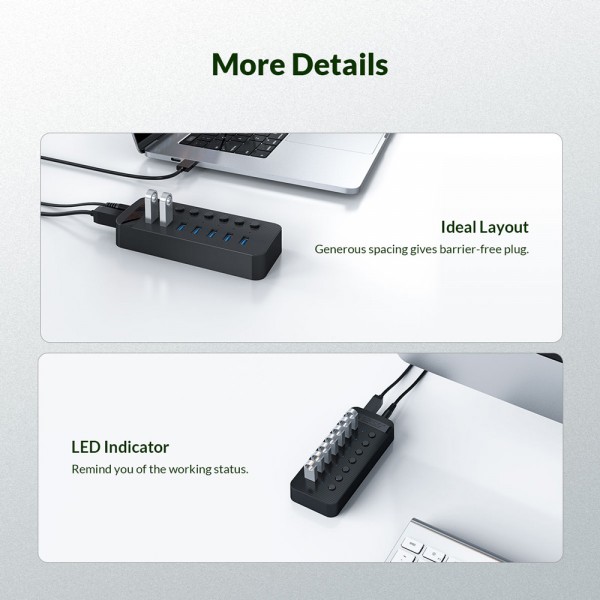 ORICO USB hub CT2U3-7AB με διακόπτες, 7x θυρών, USB 3.0, 5Gbps, USB σύνδεση, μαύρο