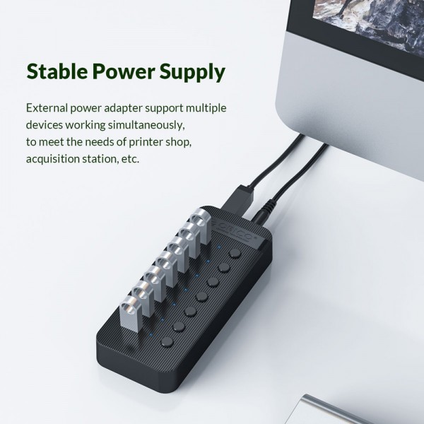 ORICO USB hub CT2U3-7AB με διακόπτες, 7x θυρών, USB 3.0, 5Gbps, USB σύνδεση, μαύρο