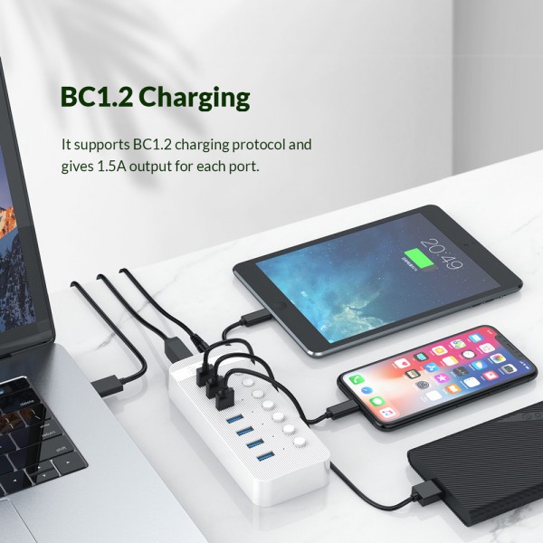 ORICO USB hub CT2U3-7AB με διακόπτες, 7x θυρών, USB 3.0, 5Gbps, USB σύνδεση, μαύρο